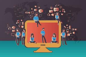 People sitting on big computer monitor. Social network web site. Surfing concept illustration of young people using lap top to be a part of on line community. Flat vector illustration