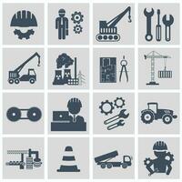 Engineering icon set. Engineer construction equipment machine operator managing and manufacturing icons. Flat vector illustration