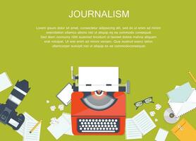 Journalism flat banner. Equipment for journalist on desk. Flat vector illustration