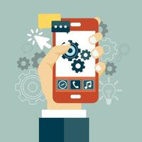 Application development icon. Concept to building successful business. Mobile phone and gears on the screen. Flat vector illustration