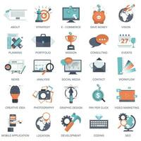 Set of flat design icons for business, pay per click, creative process, searching, web analysis, time is money, on line shopping. Icons for website development and mobile phone services and apps. vector