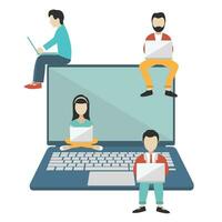 People sitting on big notebook. Social network web site. Surfing concept illustration of young people using lap top to be a part of on line community. Flat vector illustration