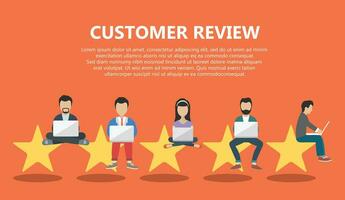 Concept of feedback, testimonials messages and notifications. Rating on customer service illustration. Five big stars with people sitting on them and giving reviews on their lap tops. Flat vector