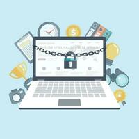 Security concept with lock and chain around laptop. Search engine concept with a magnifying glass and a laptop. Flat vector illustration