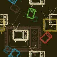 Editable Flat Monochrome Style Old Classic Vintage Television Vector Illustration in Various Colors as Seamless Pattern With Dark Background for Information Technology or Electrical Related Design