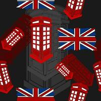 Editable Dark Background Three-Quarter View English Telephone Booth Vector Illustration with Union Jack Flag in Flat Style as Seamless Pattern for England Culture Tradition and History