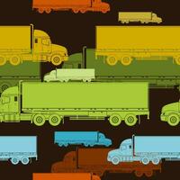 Editable Flat Monochrome Style Side View Trailer Trucks Vector Illustration in Various Colors as Seamless Pattern With Dark Background for Vehicle or Shipment Transportation Related Design