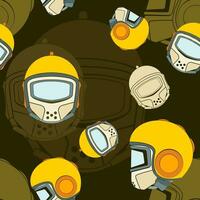 Editable Flat Style Front and Side View Retro Safety Helmet Vector Illustration Seamless Pattern With Dark Background for Industrial or Transportation and Sport Related Design