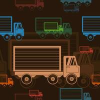 Editable Flat Monochrome Style Side View Shipping Trucks in Various Colors Vector Illustration as Seamless Pattern With Dark Background for Online Shop or Transportation Related Design