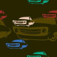 Editable Three-Quarter Oblique View Dark Background Classic Retro Car Vector Illustration in Simple Flat Monochrome Cartoon Style with Various Colors as Seamless Pattern for Transportation or Hobby