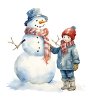 AI generated Children and Snowman For Christmas Event. Watercolor Style. AI Generated png