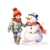 AI generated Children and Snowman For Christmas Event. Watercolor Style. AI Generated png