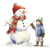 AI generated Children and Snowman For Christmas Event. Watercolor Style. AI Generated png