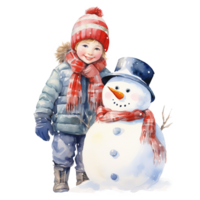 AI generated Children and Snowman For Christmas Event. Watercolor Style. AI Generated png