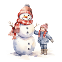 AI generated Children and Snowman For Christmas Event. Watercolor Style. AI Generated png