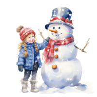 AI generated Children and Snowman For Christmas Event. Watercolor Style. AI Generated png