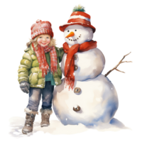 AI generated Children and Snowman For Christmas Event. Watercolor Style. AI Generated png