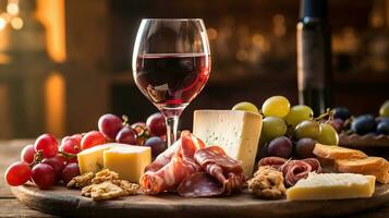 Antipasto of meat and cheese with a glass of wine. On wooden table. Generative AI photo