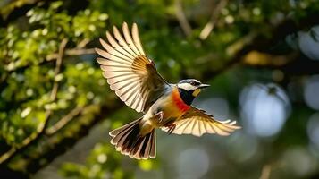 Bird with spread wings flying over tree in woods, Generative AI photo