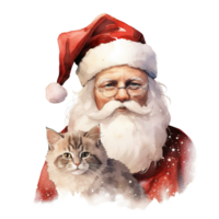 ai genererad santa och katt för jul händelse. vattenfärg stil. ai genererad png