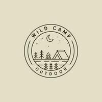 camping logo vector line art simple minimalist illustration template icon graphic design. night camp with bonfire at wild nature sign or symbol for travel or adventure concept with circle badge
