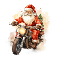 ai generato Santa equitazione un' bicicletta per Natale evento. acquerello stile. ai generato png