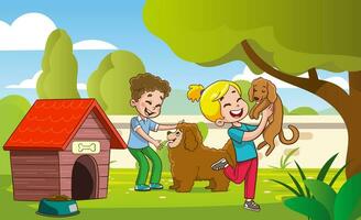 vector illustration of children playing and loving with dog