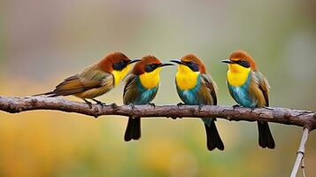 aves encaramado juntos en un majestuoso árbol miembro, generativo ai foto