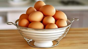Heap of brown chicken eggs in white colander placed on table in cozy home kitchen. Generative AI photo