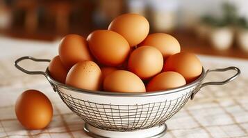 Heap of brown chicken eggs in white colander placed on table in cozy home kitchen. Generative AI photo