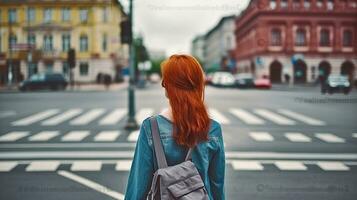 espalda ver de anónimo hembra con rojo pelo en pie cerca paso de peatones. generativo ai foto