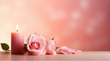 Pink Roses and Flickering Candle on a Soft Pink Background, Creating a Tranquil Atmosphere. Generative AI photo