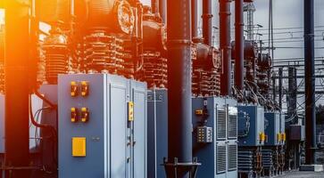 High Voltage Electric Substation with Transformers, the Heart of Electrical Infrastructure. Generative AI photo