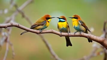 aves encaramado juntos en un majestuoso árbol miembro, generativo ai foto