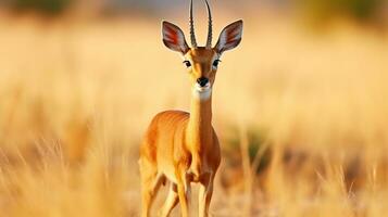 steenbok, raphicerus campestris, puesta de sol noche luz, fauna silvestre escena desde naturaleza. animal en el prado. ciervo en el salvaje África. generativo ai foto