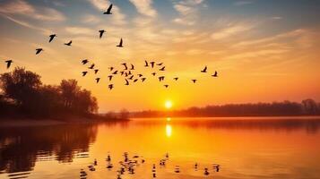 Majestic Birds in Silhouette Gracefully Glide Over the Enchanting Lake at Sunset. Generative AI photo