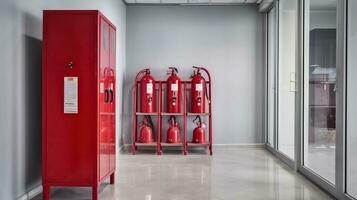 Fire extinguisher cabinet in the hall of office building for preparing to prevent fire. Generative AI photo