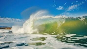 majestuoso olas envuelve el turbulento mares debajo un azul cielo. generativo ai foto