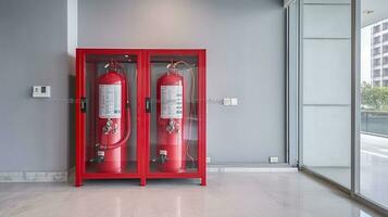 Fire extinguisher cabinet in the hall of office building for preparing to prevent fire, fire extinguisher equipment for protection. Generative AI photo