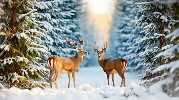 Deers Amidst a Snowy Winter Landscape, Adorned with Towering Fir Trees. Generative AI photo