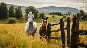 un Pareja caballo en césped prado detrás cerca y monta con arboles debajo cielo en campo, generativo ai foto