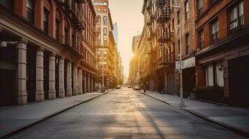 un cautivador vacío calle bañado en el calor de puesta de sol. generativo ai foto