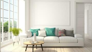 Stylish room in white color with sofa. Scandinavian interior design. 3D illustration. Generative AI photo