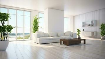 White modern interior with panoramic windows and corner sofa. Generative AI photo
