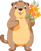 ai généré mignonne marmotte en portant fleurs plat style illustration png