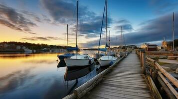 A Tranquil Evening at the Wooden Pier, Moored Boats, and a Scenic Cloudy Blue Sundown Sky. Generative AI photo