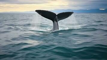 cola de jorobado ballena nadando debajo agua de ondulado Oceano en contra nublado cielo en Islandia. generativo ai foto