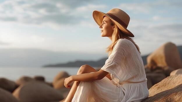 un contento dama en un Paja sombrero, tomando el sol en el tranquilidad de costa acantilados generativo ai foto