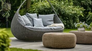Relaxing on Comfortable Wicker Garden Furniture with Pillows in a Beautiful Backyard. Generative AI photo