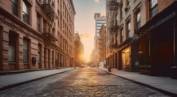 vacío calle a puesta de sol hora en ciudad calle. generativo ai foto